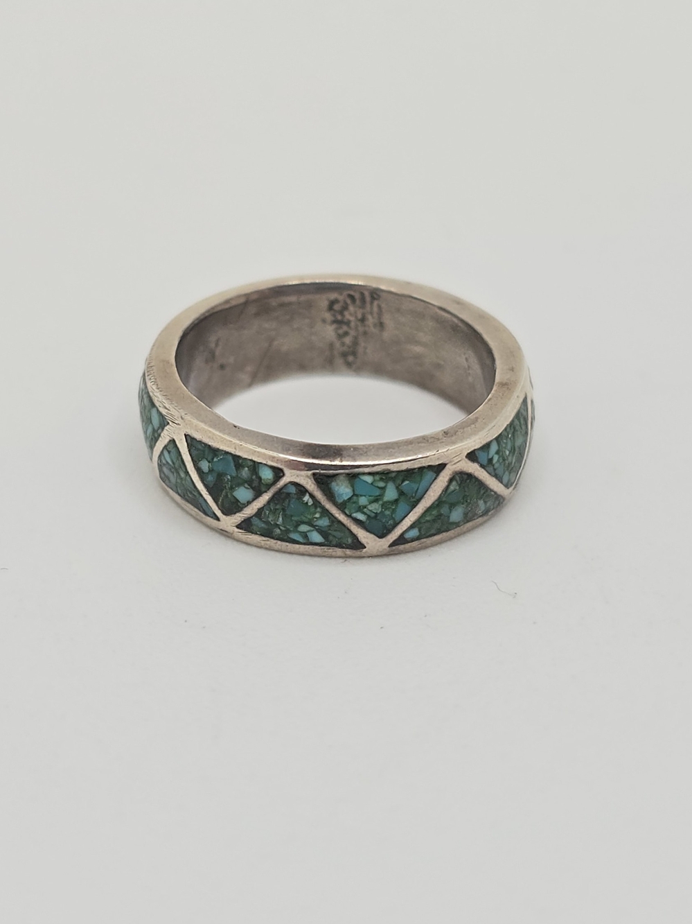 Sterling Turquoise Chip Inlay Geometric Band Ring Size 4 Southwestern Style